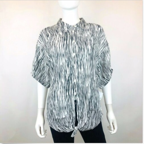 Three Dots Animal Print Tie Front Button-Down Top - Picture 2 of 5